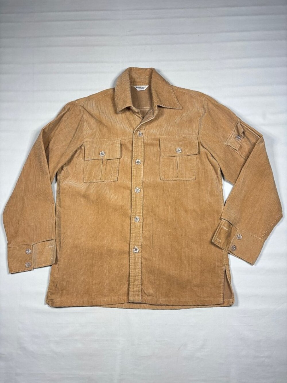 VTG 70s Master Tailored Tan Corduroy Button Shirt Overshirt Butterfly Collar L